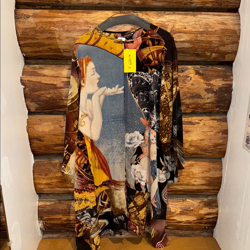 😍Gorgeous NWT Silk Citron Orange and Black Artistic Open Front Duster